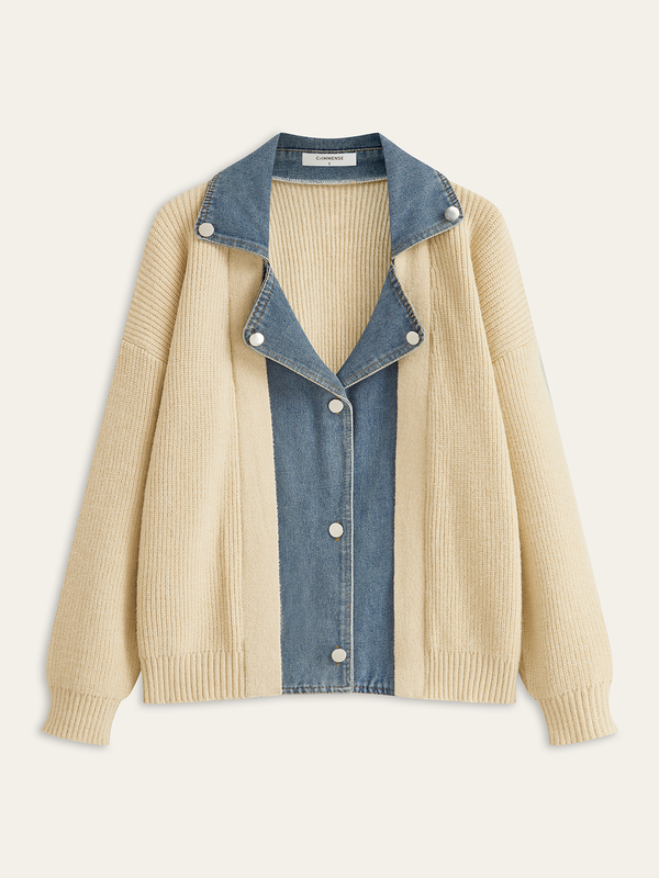Denim Panel Button Knit Cardigan