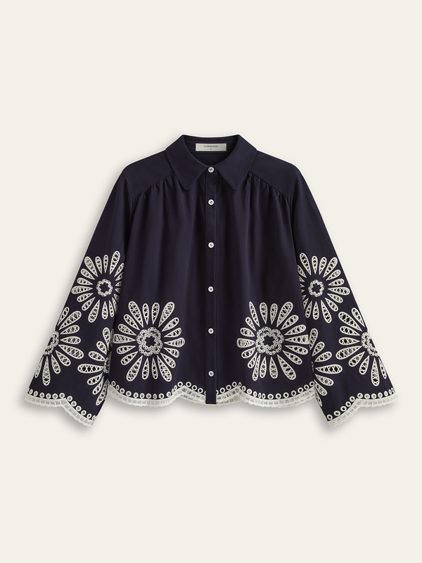 Floral Eyelet Embroidery Cotton Blend Blouse