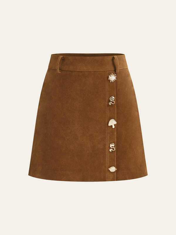 Irregular Metal Detail Suede Mini Skirt