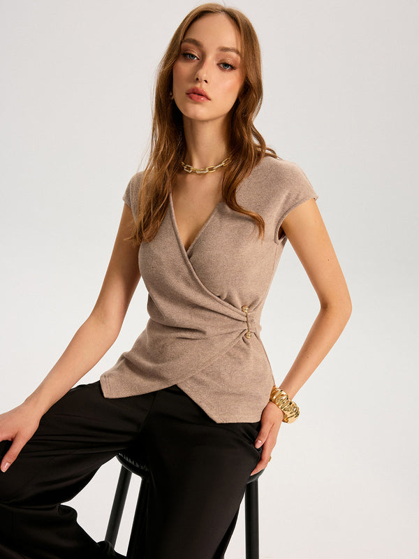 Metal Detail Cap Sleeve Knit Top