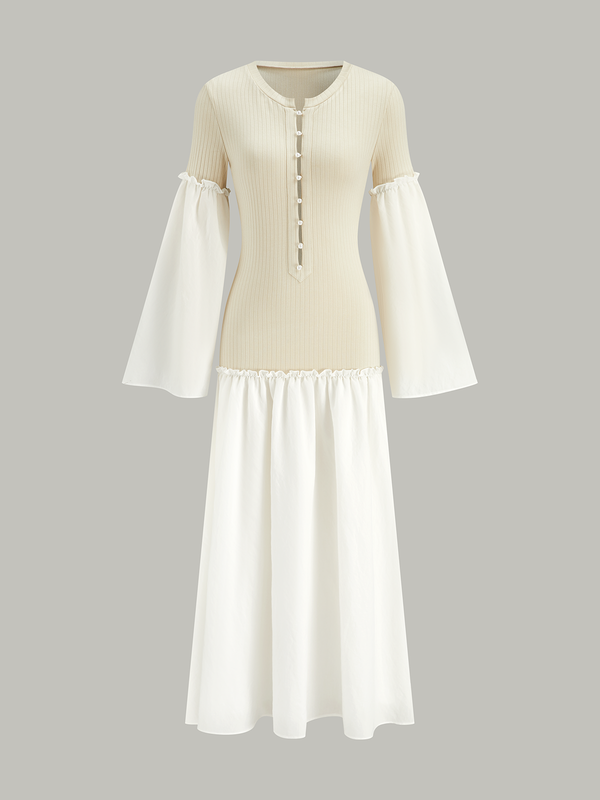 Bell Sleeve Contrast Panel Ribbed Maxi Dress