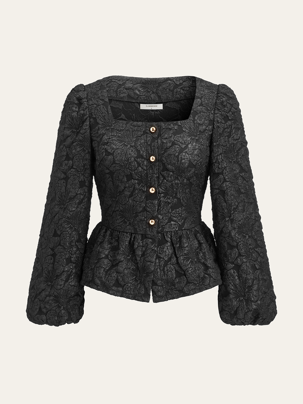 Textured Puff Sleeve Peplum Blouse
