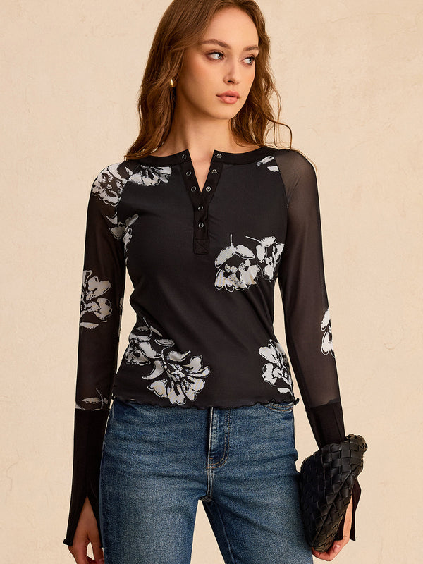 Floral Print Mesh Sleeve T-Shirt
