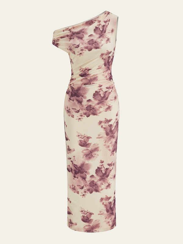 Semi-Sheer One-Shoulder Ruched Floral Print Midi Dress