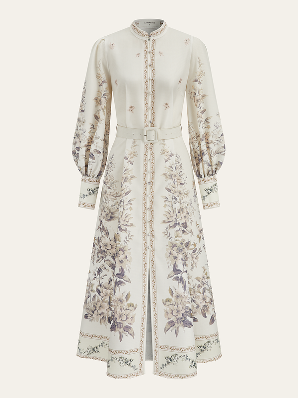 Floral Print Stand Collar Belted Midi Dress