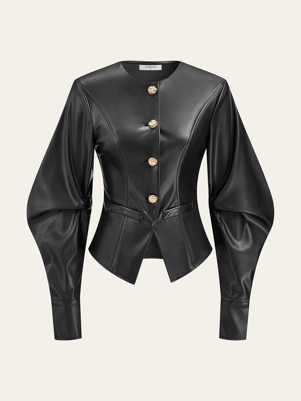 Metal Button Puffed Sleeve PU Leather Jacket
