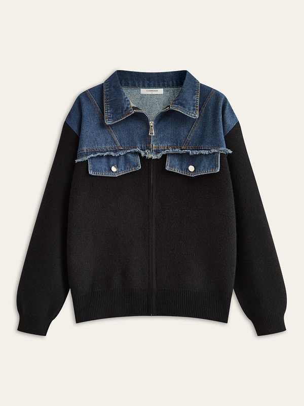 Denim Panel Zipper Cardigan