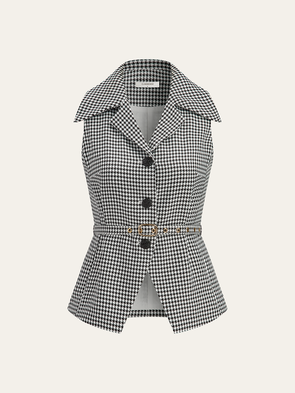 Houndstooth Belted Collar Vest