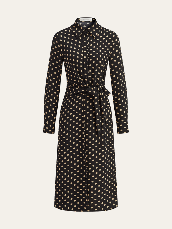 Polka Dot Shirt Collar Belted Long Sleeve Dress
