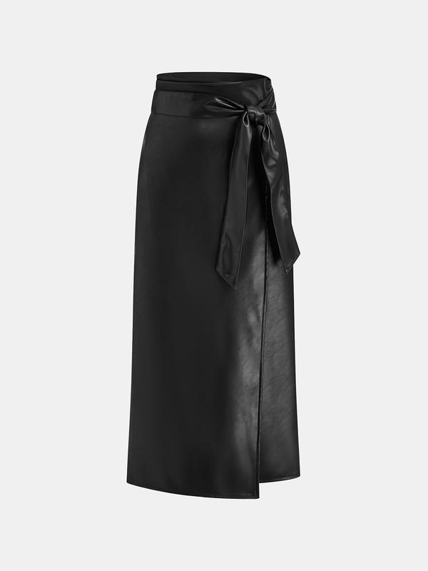 PU Leather Bow Wrap Skirt
