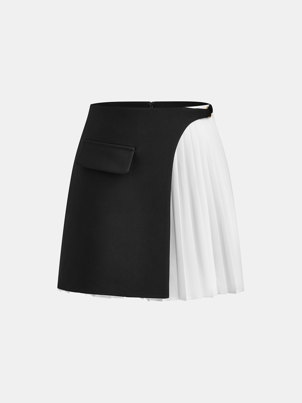 Color-Block Pleated Decor Pocket Mini Skirt