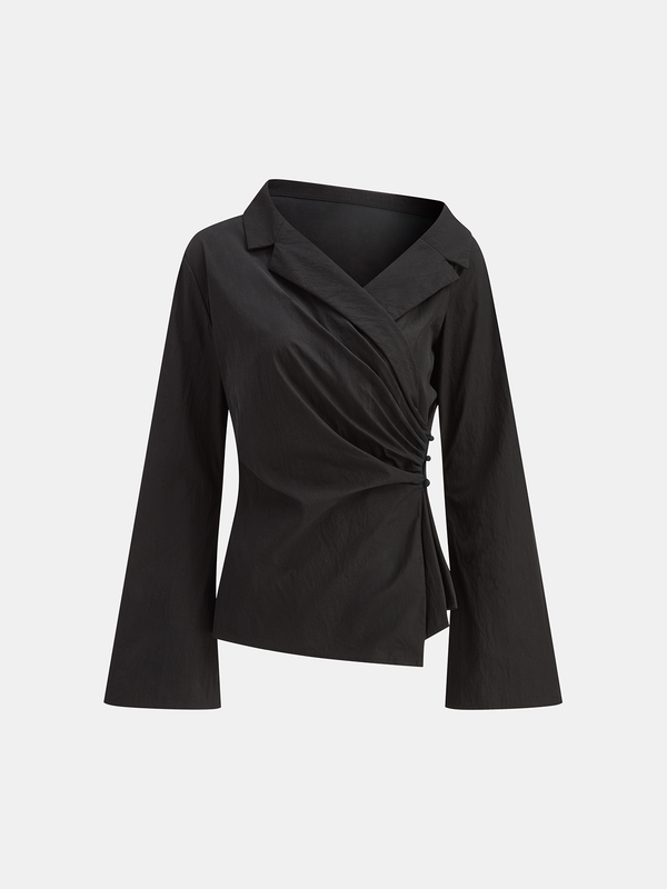 Flared Sleeve Asymmetric Wrap Shirt