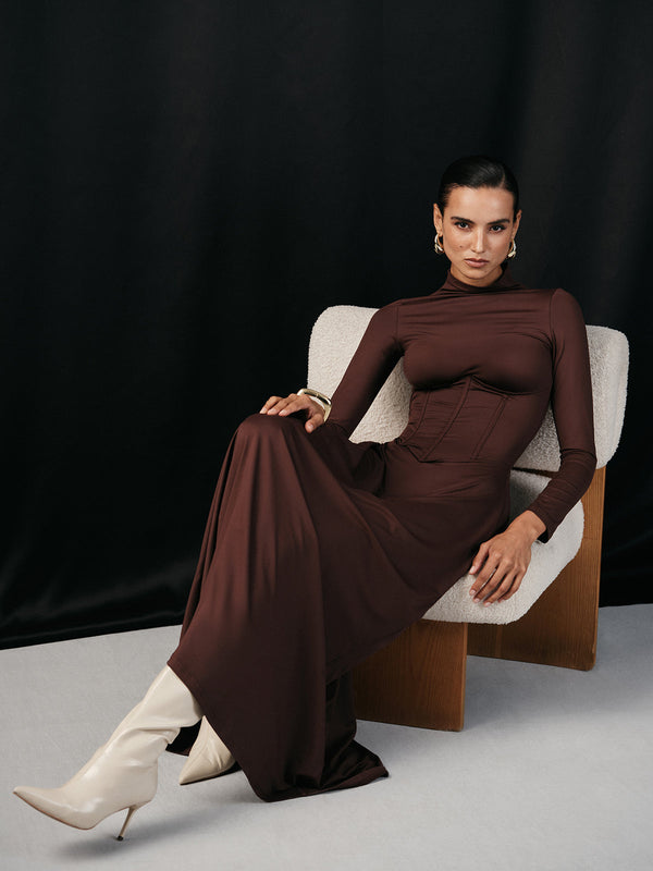Mock Neck Corset Waist Long Sleeve Maxi Dress