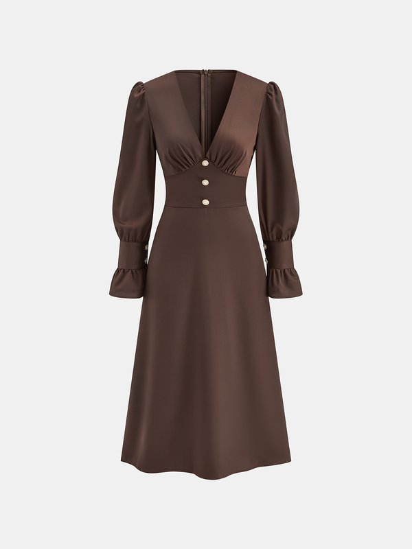 V-Neck Puff Sleeve Button Fitted Dress