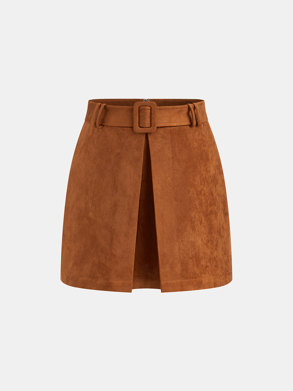 Suede Belted Split Mini Skirt