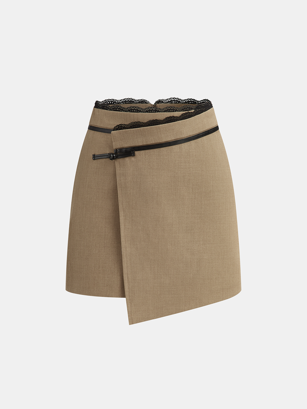 Lace Trim Faux Leather Buckle Mini Skirt
