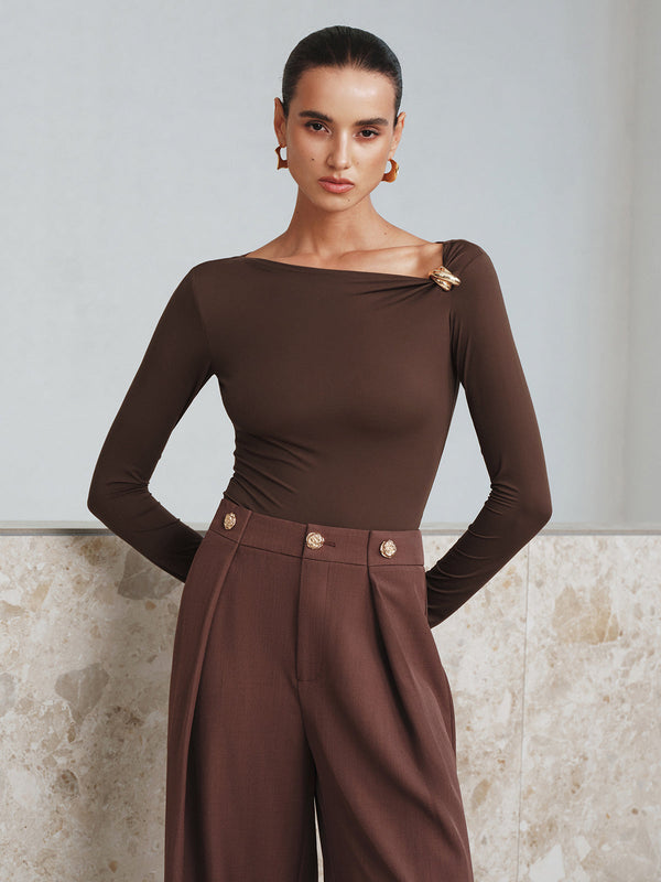 Metal Detail Asymmetric Neckline Bodysuit