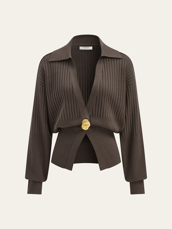 Ribbed Collared Metal Button Cardigan