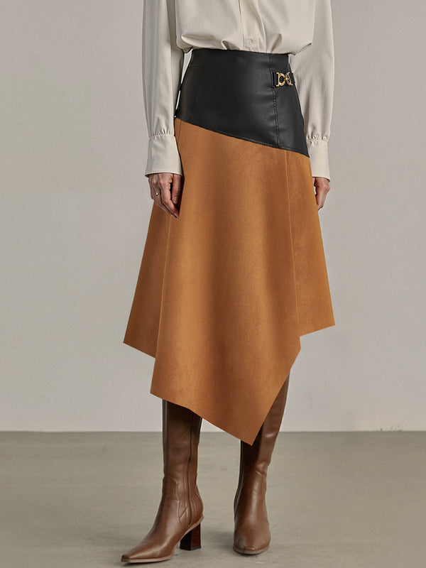 Faux Leather Paneled Suede Asymmetric Midi Skirt