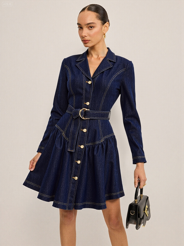 Metal Button Belted Denim Flare Mini Dress