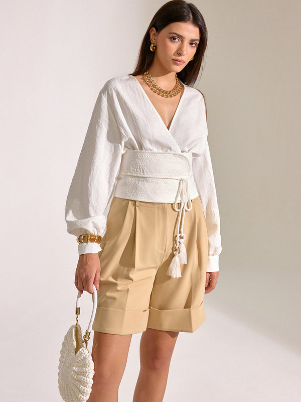 Cinched Waist Tassel Tie Wrap Blouse