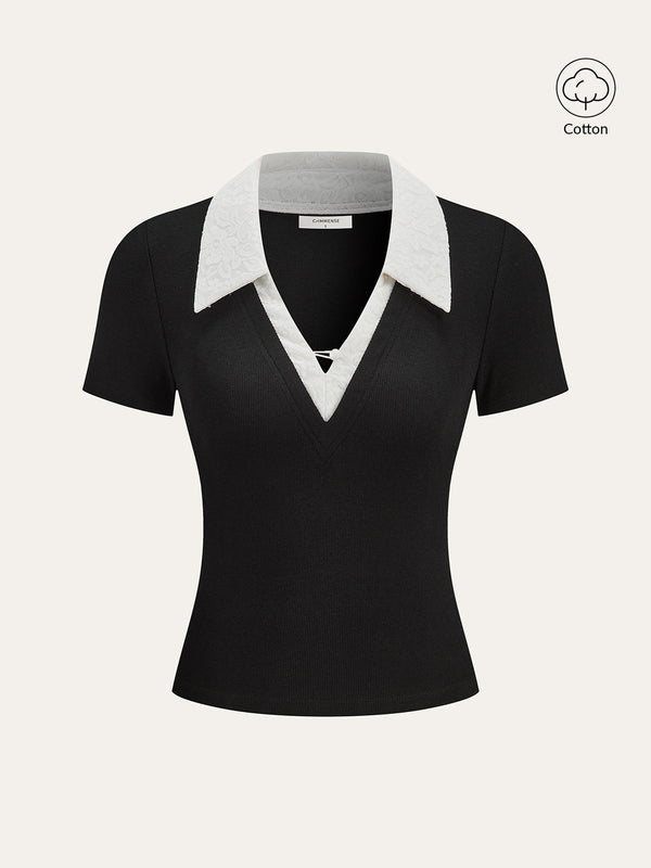 Contrast Lace Collar Cotton Blend T-Shirt