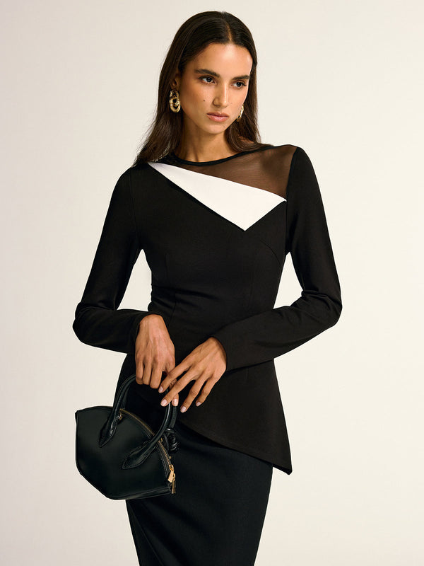Mesh Neck Contrast Panel Asymmetrical Blouse