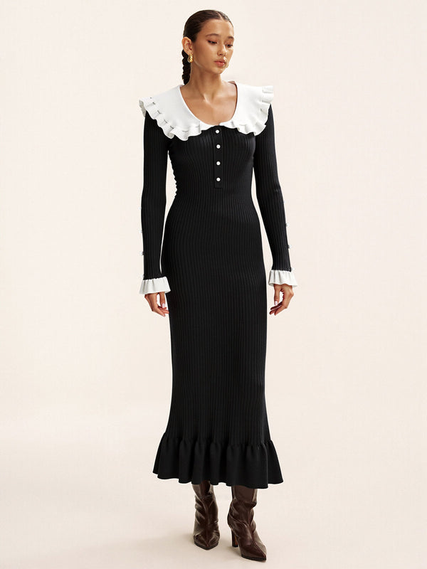 Contrast Ruffled Collar Knit Midi Dress