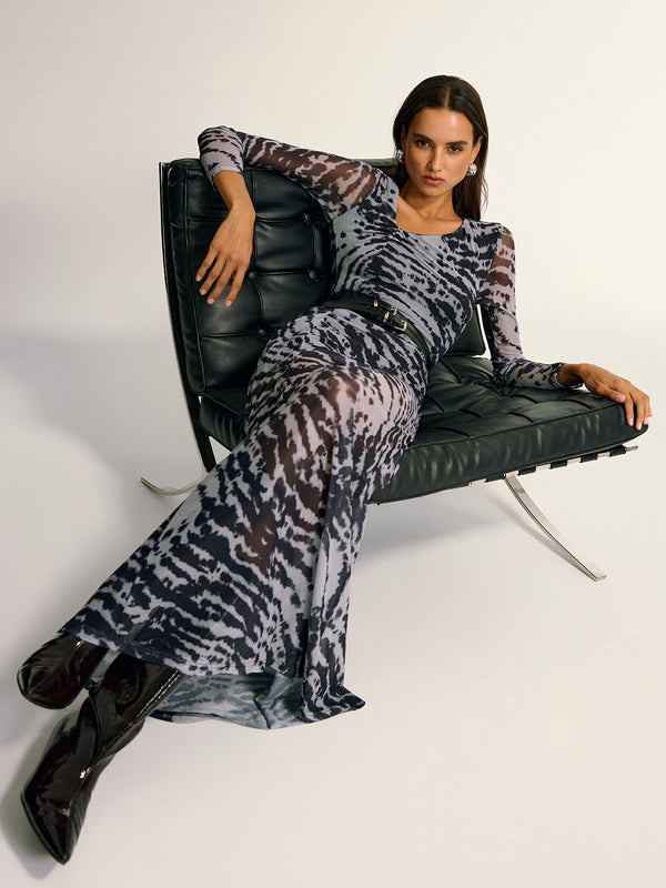 Long Sleeve Ruched Abstract Print Dress