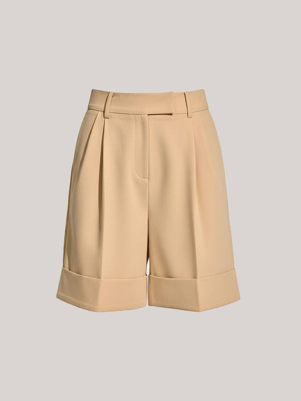 Pocket Mid-Waist Pleated Cuffed Shorts