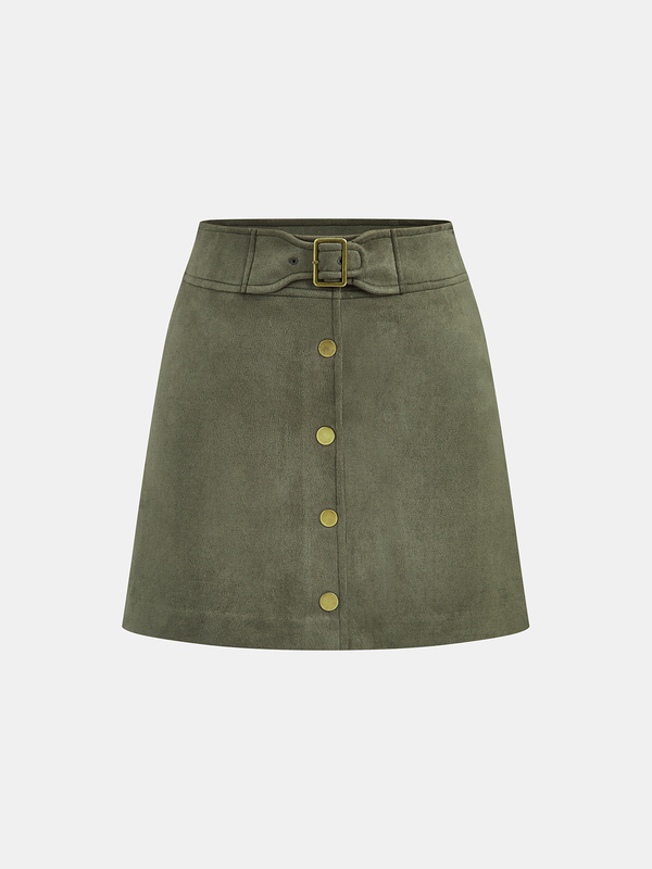 High-Waist Button Front Suede Mini Skirt