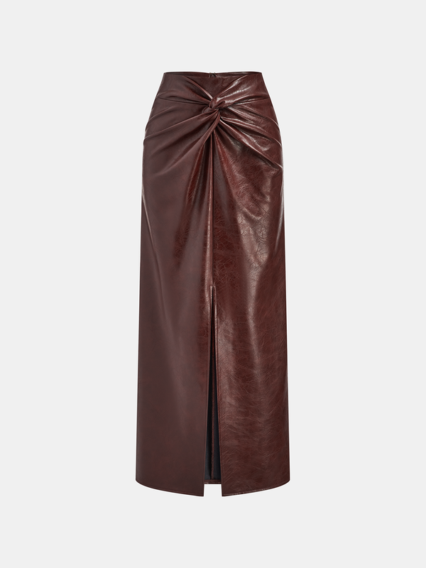 Knot Detail Slit Faux Leather Midi Skirt