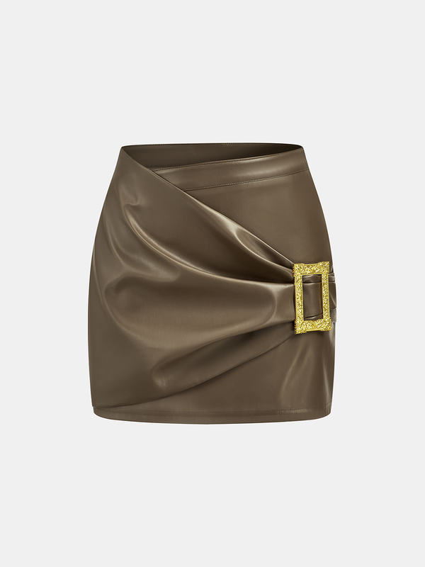 Metal Buckle Faux Leather Mini Skirt