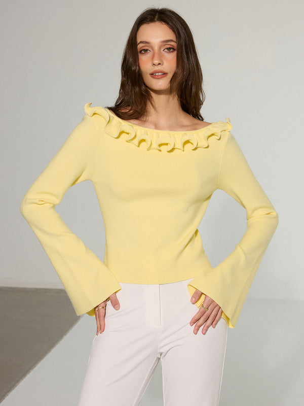 Off-Shoulder Ruffled Collar Flared Sleeve Sweater
