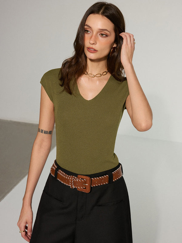 V-Neck Cap-Sleeve Knit Top