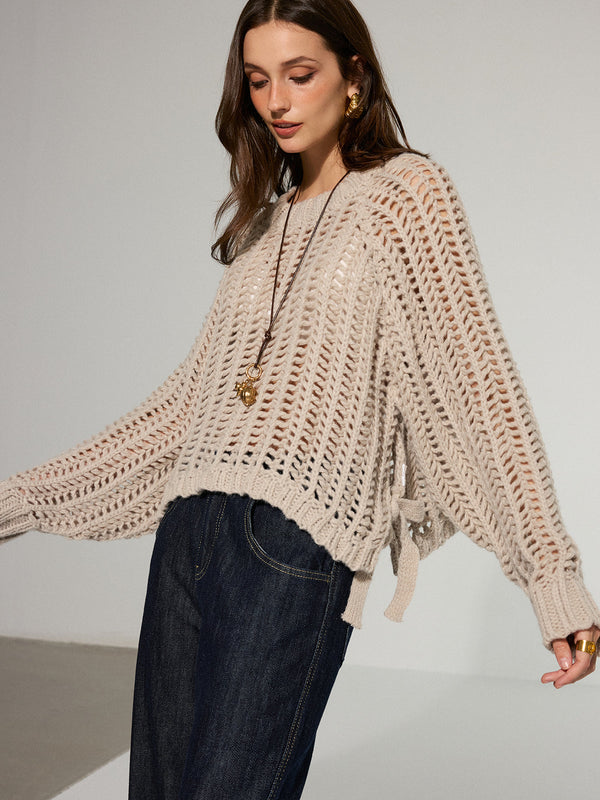 Side Tie Oversized Open-Knit Sweater
