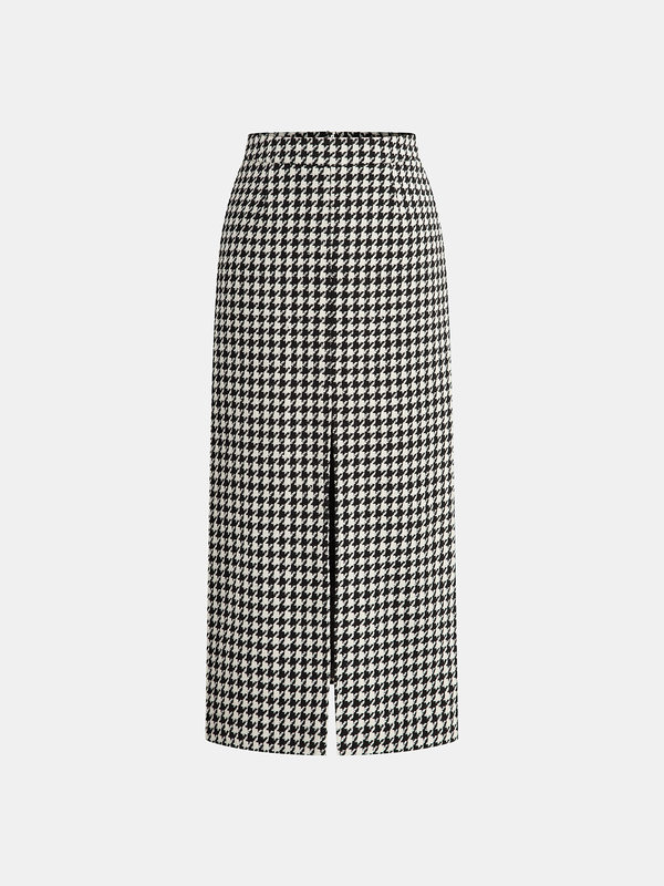 Houndstooth Tweed Slit Front Maxi Skirt