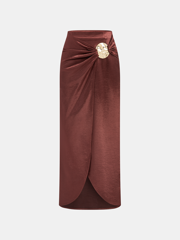 Metal Detail Satin Slit Midi Skirt