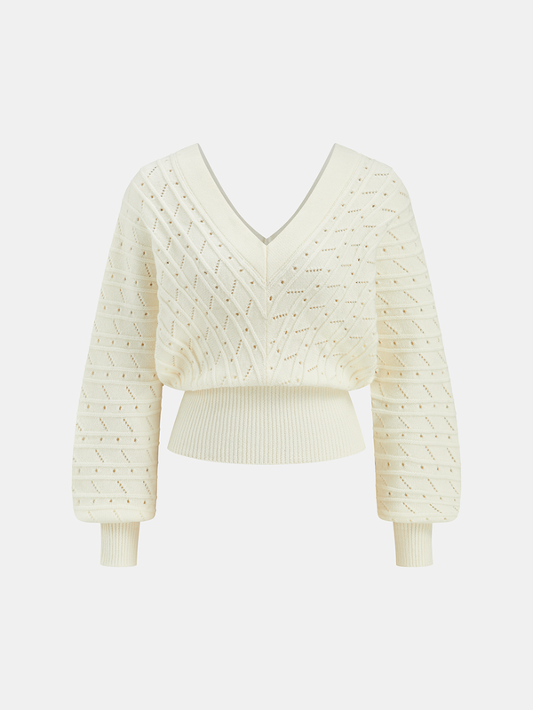 Textured Openwork V-Neck Lantern Sleeve Sweater
