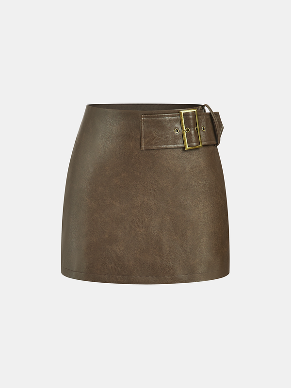 Metal Buckle Faux Leather Mini Skirt