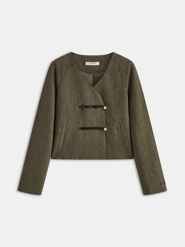 Cropped Jacket with Faux Leather Fasteners