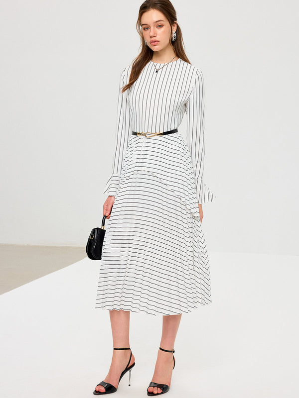 Striped Long Sleeve Belted Midi Dress