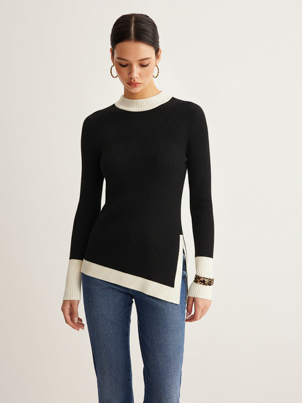 Color-Block Asymmetric Hem Ribbed Knit Top