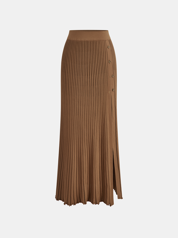 Ribbed Side Slit Button Detail Midi Skirt