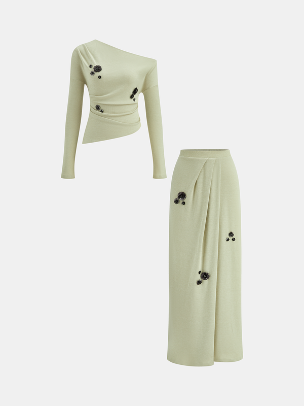 Sequin Flower One-Shoulder Knit Top and Skirt Set