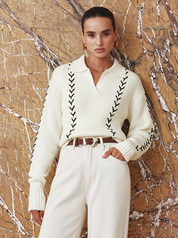 Contrast Stitching Polo Neck Cable Knit Top