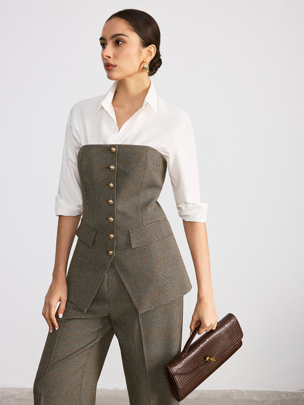 Houndstooth Strapless Metal Button Top