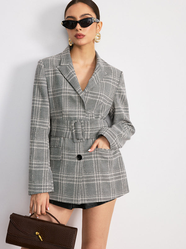 Plaid Cotton Blend Blazer with Wide Belt