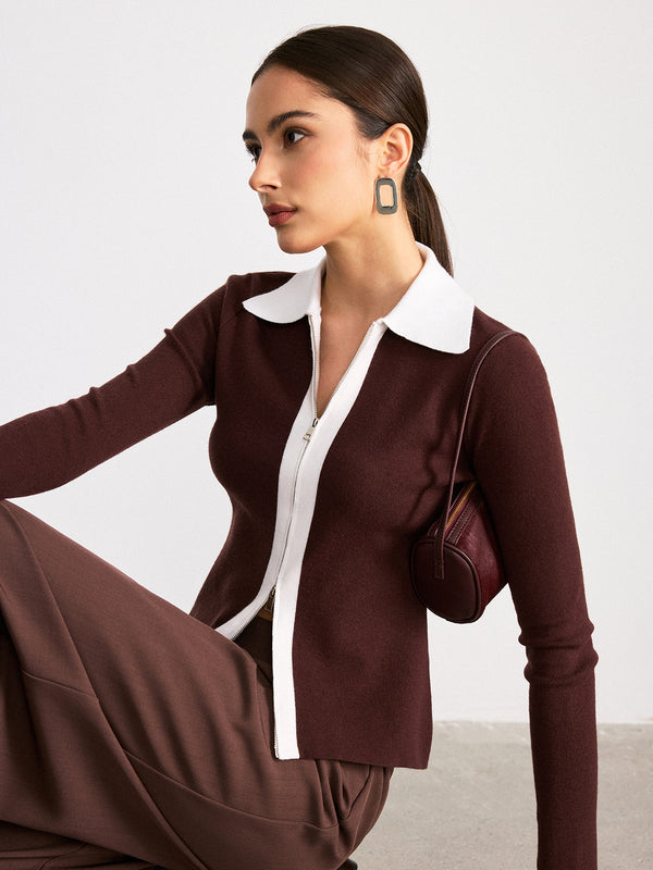 Contrast Collar Wool Blend Zip-Up Cardigan