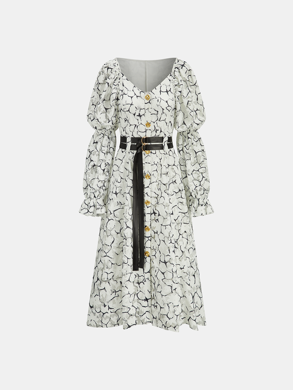 Puff Sleeve Lace Maxi Dress with Double Belt